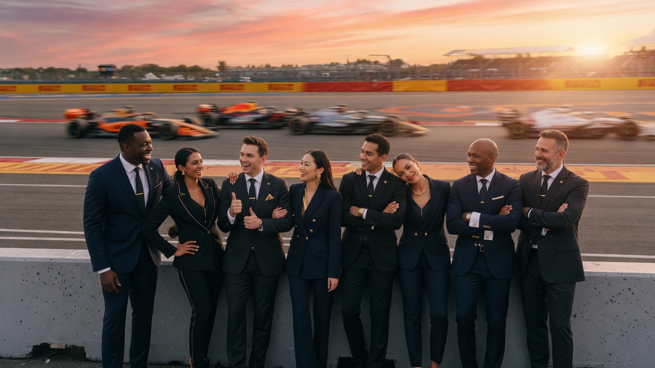 The full Varo.Global team of professional brokers standing together for a group photo on the sidelines of a Formula 1 racetrack