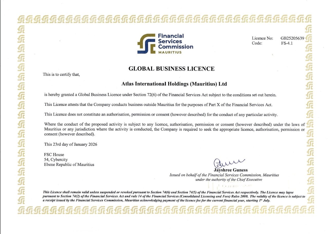 Global Business Licence FSC Mauritius — Atlas International Holdings (Mauritius) Ltd, n° GB25205639